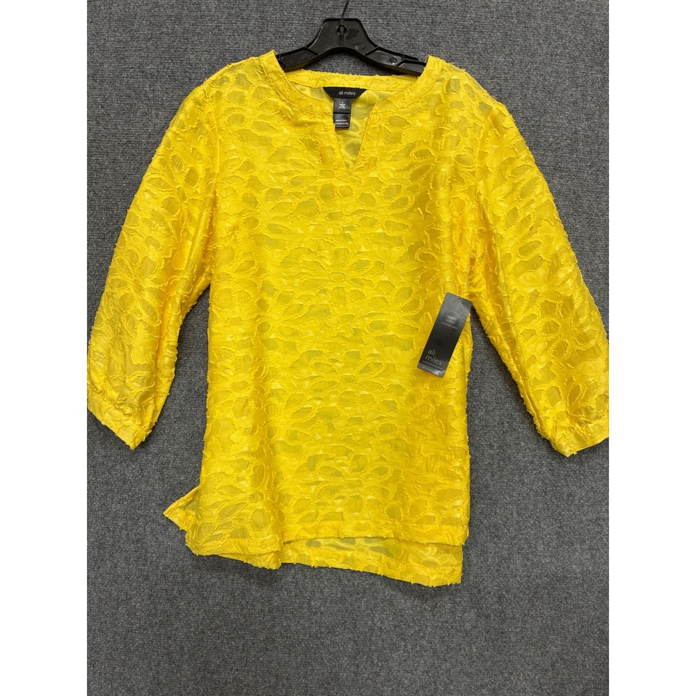 Ali Miles Yellow Floral Textured Tunic Top 3/4 Sleeve Large